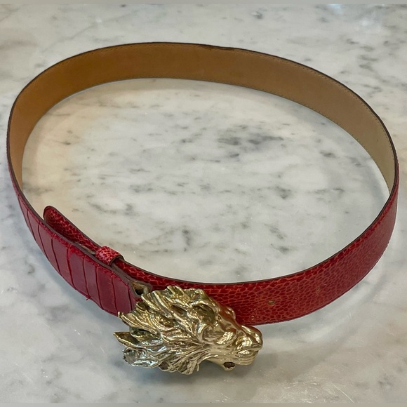Ostrich Skin belt with Gold Lion Buckle, red, 31”L, EUC - Picture 4 of 12